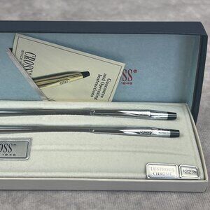 Vintage Cross Pen And Pencil Set Lustrous Chrome 3501 In Box 1986 Blue Ink
